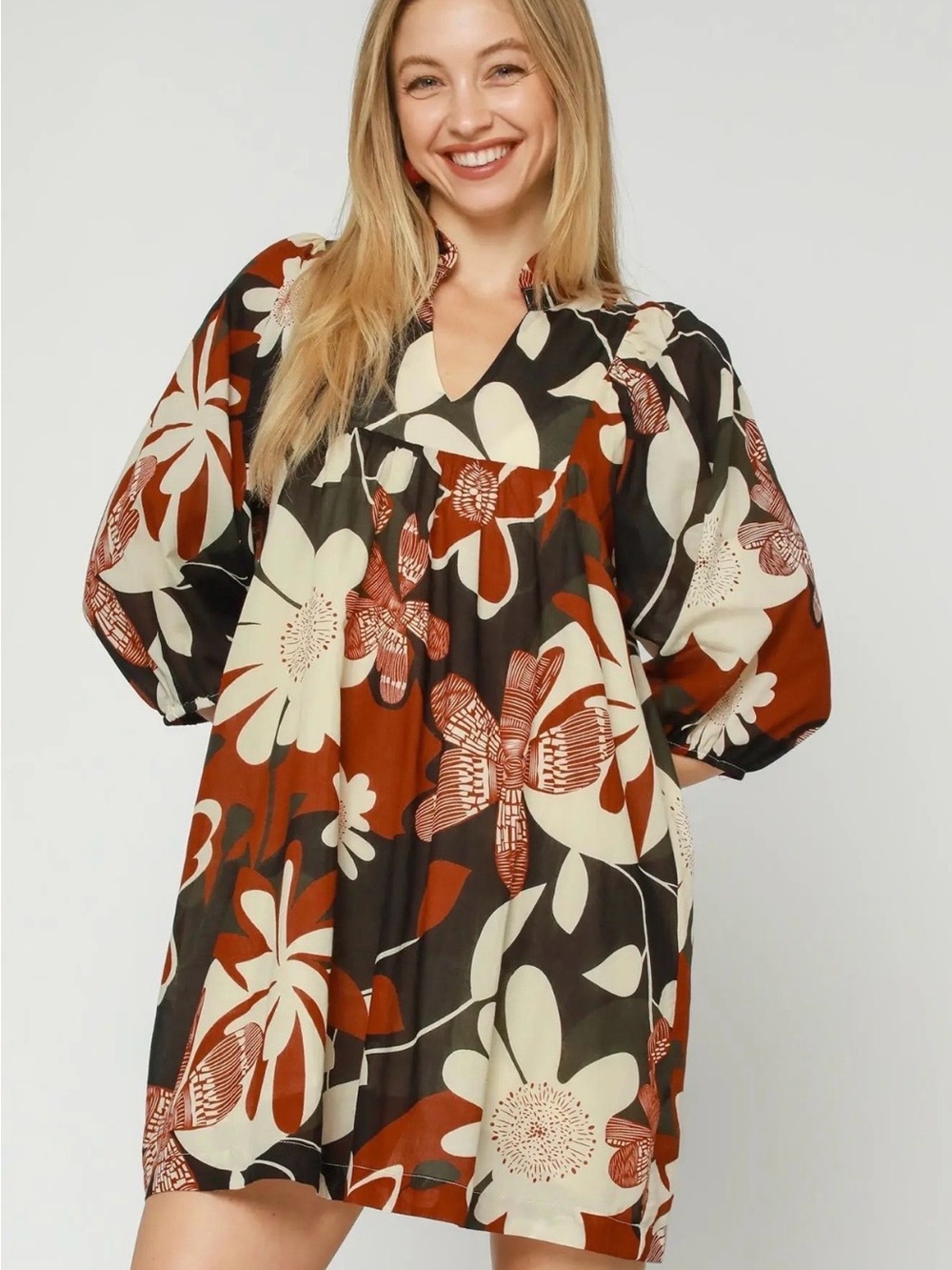 Umgee Floral V-Neck Puff Sleeve Mini Dress - Rust, Cream & Black